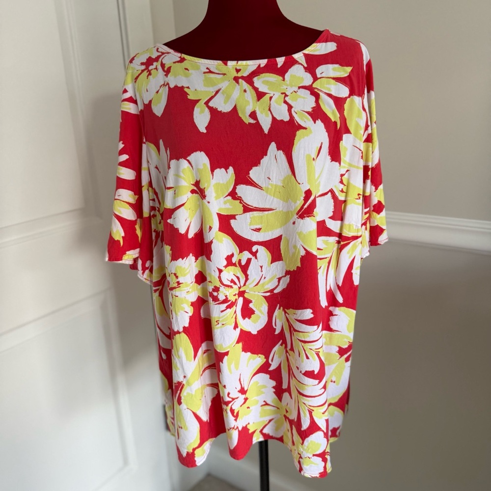 Denim & Co. Hawaiian Printed Boatneck Blouse with Flutter Sleeve size 2X - Picture 2 of 8